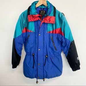 multicoloured vintage ski coat, made in Korea, size small